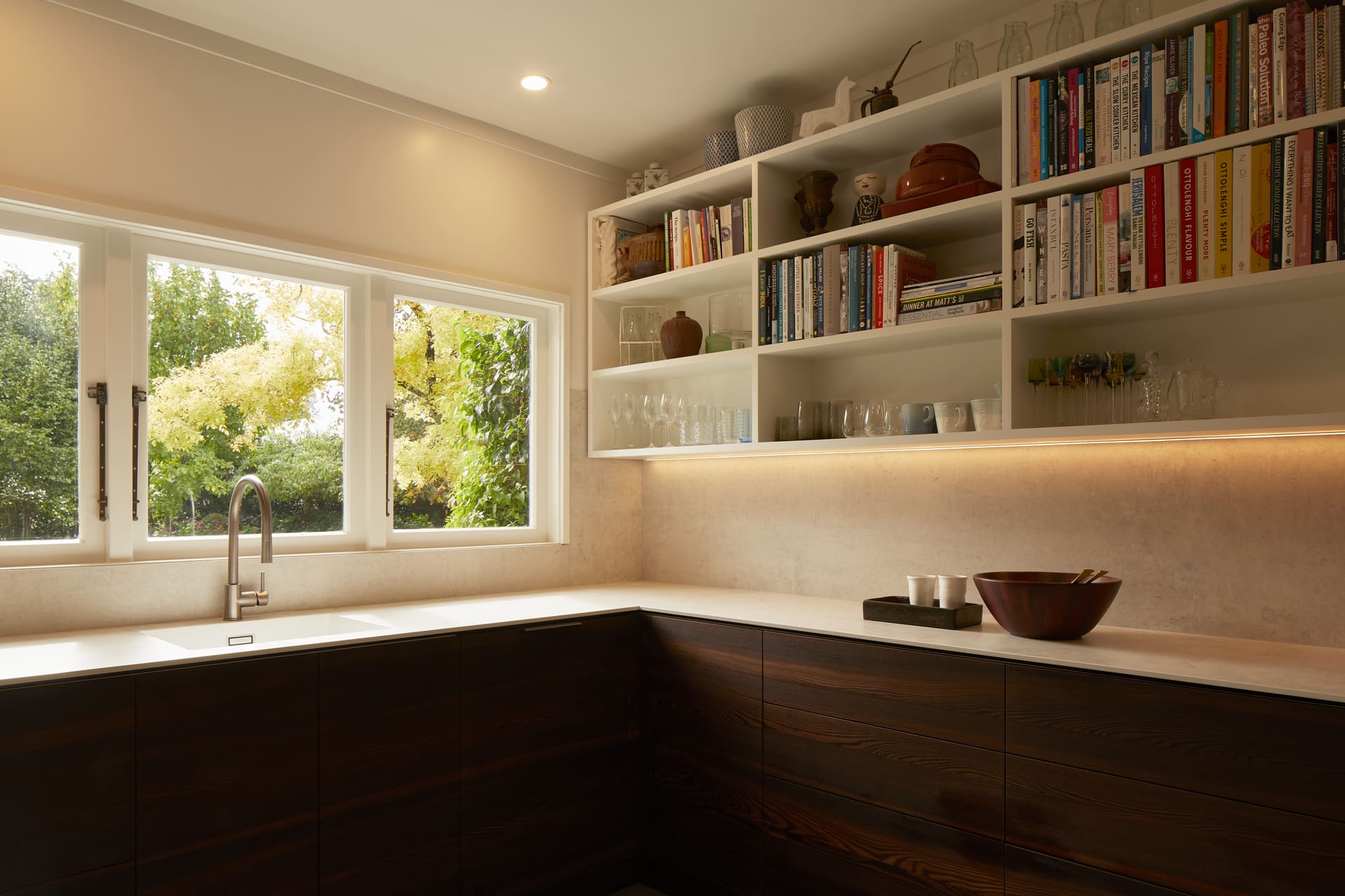 Shelves with books and kitchen cabinets